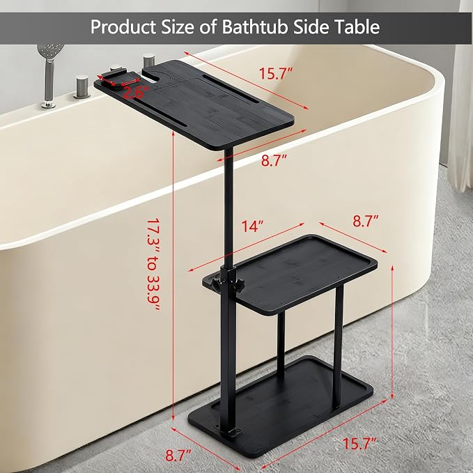 3 Layer Bathtub Tray Table,Bamboo Swivel Bathtub Side Table Height Adjustable,Freestanding Bathtub Tray for Tub Against Wall,Bathtub Accessories&Bathroom Organizer for Luxury Home Spa (Black1)