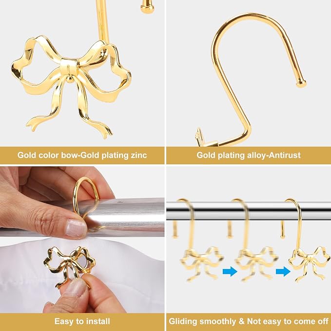 Bow Shower Curtain Hooks, 12-Pack Gold Metal Decorative Bow Knot Rings | Rust-resistant metal rings with gold bow knot accents add decorative charm to bathrooms, guest baths