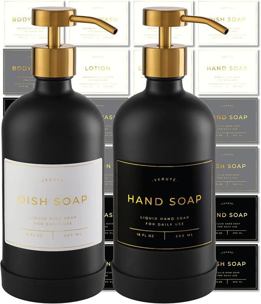 Hand and Dish Soap Dispenser for Kitchen and Bathroom, Set of 2 16 Oz Glass Bottles, Stainless Steel Pumps, Non-Slip Silicone Base, 27 Waterproof Labels (Matte Black Bottle/Brushed Gold Pump)