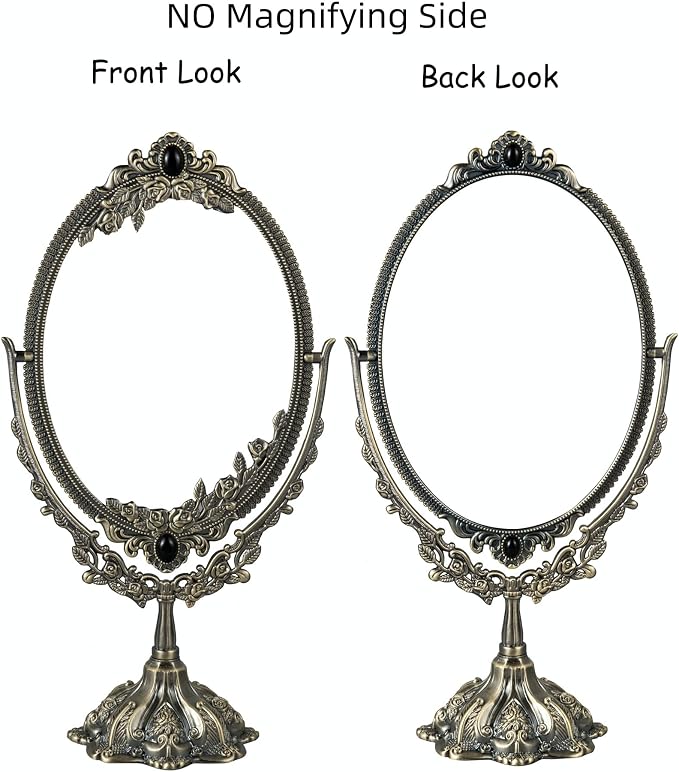 Feyarl 15 inch Vintage Makeup Mirror Floral Tabletop Oval Vanity Mirror with Stand Dressing Room Swivel Double Sided Elegant Decorative Mirror Embossed Frame