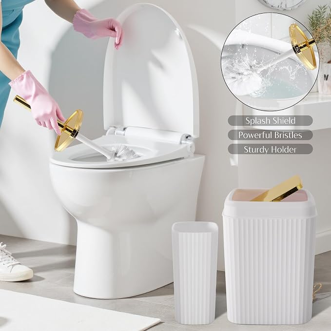 17PCS Bathroom Accessory Set Bathroom Set White and Gold Bathroom Accessories,Toilet Brush, Trash Can, Qtip Holder Dispenser& 3PCS Soap Dispenser