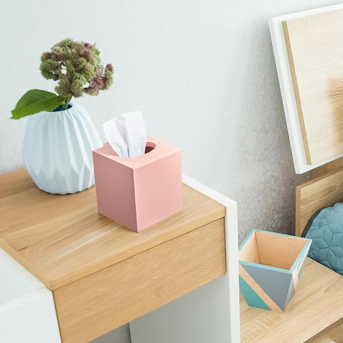 Pink Tissue Box Cover Square - Wood Tissue Box Holder for Tabletop Night Stands Bathroom Office - Decorative Facial Cube Tissue Box Dispenser
