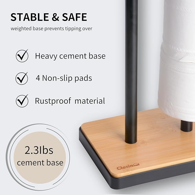 Clasin Home Toilet Paper Holder Stand, Free Standing Toilet Paper Holder with Storage and Top Shelf, Black Toilet Paper Stand Weighted Base with Bamboo Design for Bathroom