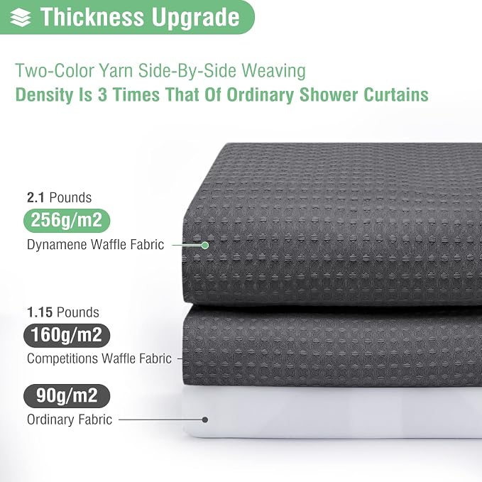 Extra Long Waffle Shower Curtain 256GSM Fabric 72x84 Charcoal Grey | 84 Inch Long, Thick Polyester Cloth, Weighted Hem, Water Repellent, Washable, Tall Hotel Bathroom Shower Curtain Set 12 Hooks