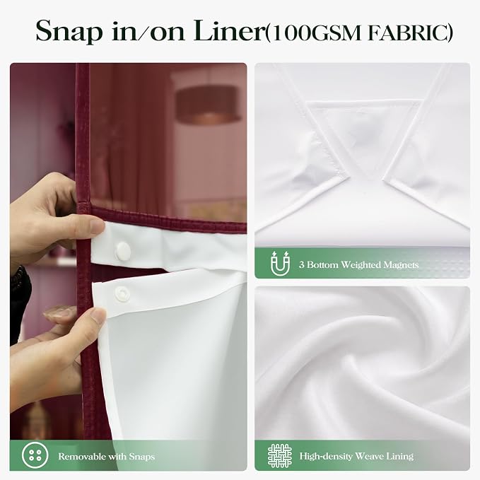 Burgundy Hook Free Waffle Shower Curtain & Snap Fabric Liner,72x87 | Less Time to install, 3 in 1 Fabric Shower Curtain and Liner Set with Magnets, Extra Long, Shower Curtains for Bathroom