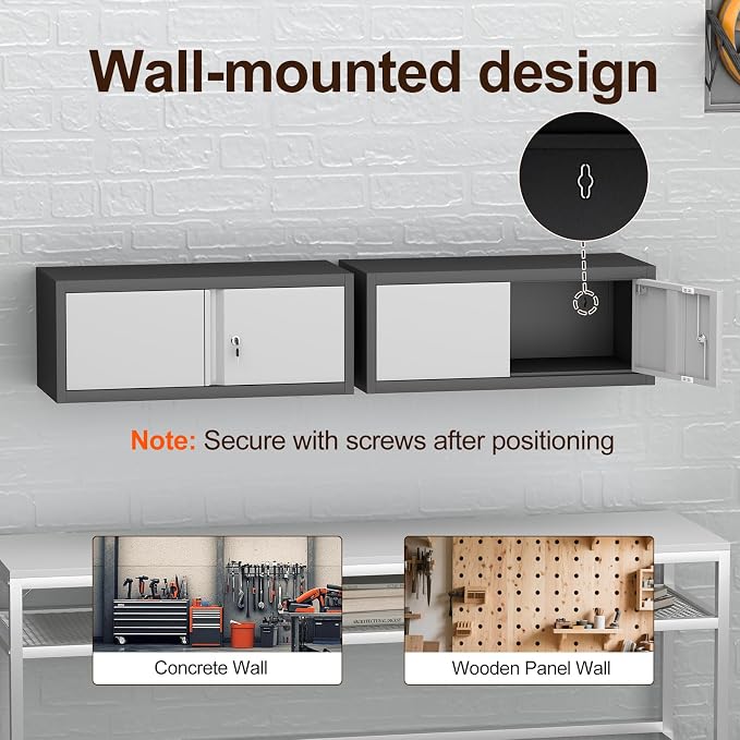 Metal Wall Cabinet with Doors,Garage Storage Cabinet Wall Mounted,Lockable Cabinets for Home Office,Garage,Warehouse,Grey-Black
