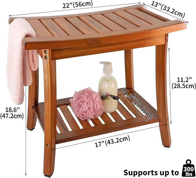Utoplike Teak Shower Bench Seat with Handles, Bath Chair Stool for Inside | Portable Wood Spa Chair With Towel, Storage Shelf, 22" x 13" x 18.6", for Outdoor Bathroom Use