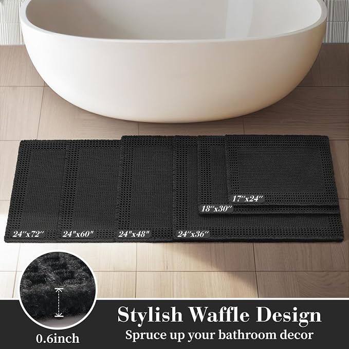 RESARE Waffle Bathroom Runner Rugs, Non Slip Boho Bath Mat 24"x48" Black | Long Absorbent Bathroom Floor Mats Machine Washable Quick Dry, Soft Solid 2'x4' Bath Rugs with Tassels, Ideal Farmhouse Decor