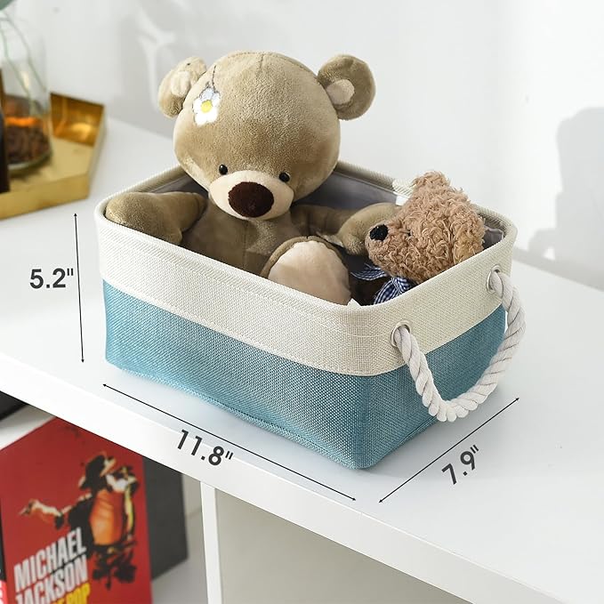 Fabric Storage Bin with Handles,Storage Basket for Home Storage and Organization, Shelf Basket with Cover for Living Room Bedroom Decor Closet（White & Green,Small ,11.8L×7.9W×5.2H