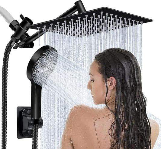 Shower Head,10”Rain Shower Head with Handheld Spray Combo and Adjustable Extension Arm/3-Way Flow Regulator/Shower System,High Pressure Rain Fall Hose,Matt Black