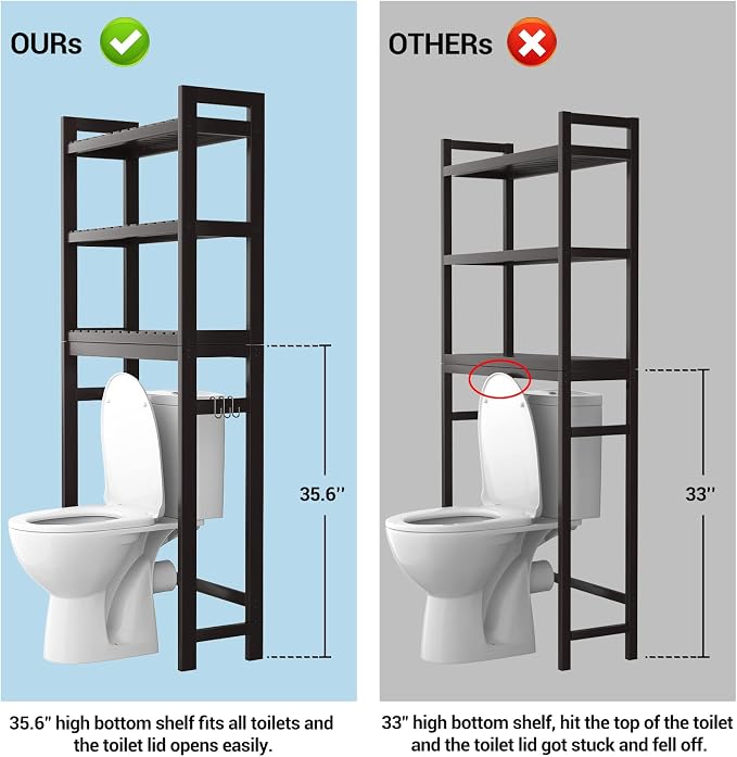 Over The Toilet Storage, Bamboo 3-Tier Over-The-Toilet Space Saver Organizer Rack, Stable Freestanding Above Toilet Stand with 3 Hooks for Bathroom, Restroom, Laundry, Espresso