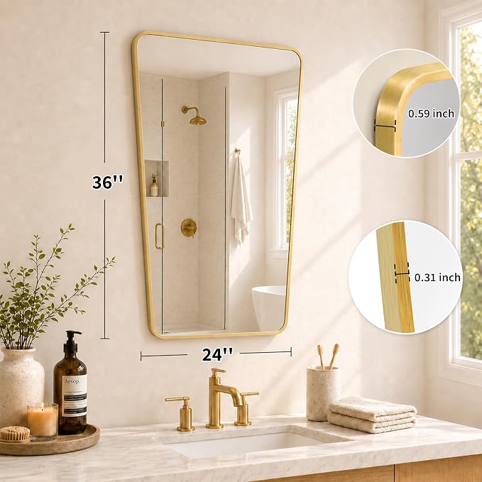 Brushed Gold Tapered Rounded Rectangle Bathroom Mirror, 24x36 Inch | Aluminum alloy frame, soft trapezoid shape, tempered glass, reversible vertical keyhole mount
