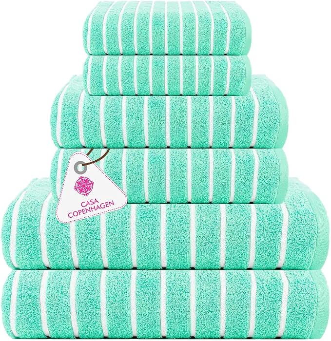CASA COPENHAGEN Ecstatic 6Pcs 100% Egyptian Cotton Large Designer Towels Gift Set- Blue-Green, 600GSM, 2Bath 2Hand 2Washcloths, Bath Towels for Bathroom (Box Pack, Gift Set for Women & Men)
