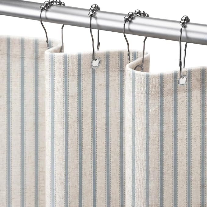 Farmhouse Striped Shower Curtain Heirloom Blue Vintage Linen Curtain 72X84 | Extra Long Striped Shower Curtains with Linen Texture for Bathroom Decor