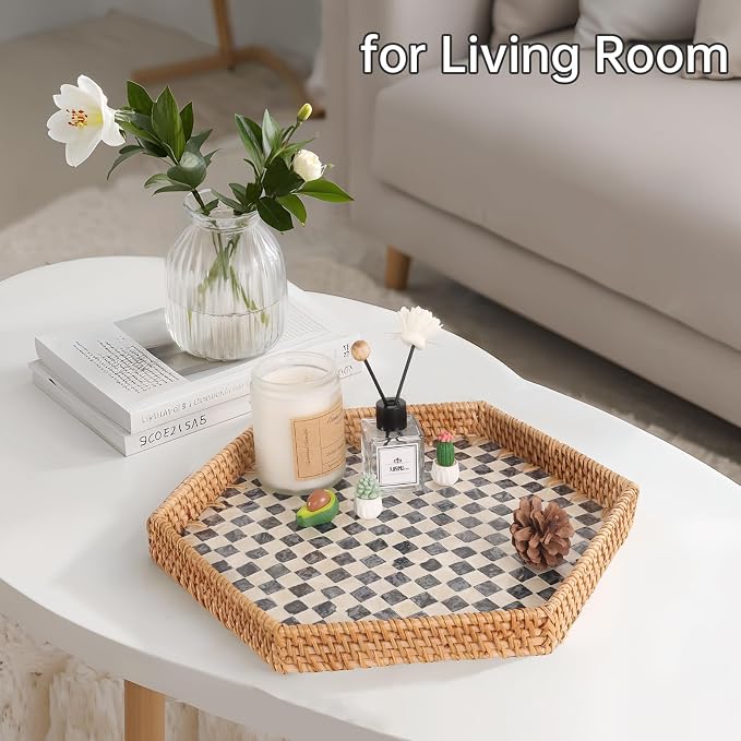 Hexagon Rattan Tray with Mother of Pearl Inlay, Rattan Serving Tray for Coffee, Bread, Fruits, Snacks, Decorative Wicker Tray for Table Decor, Home Decor (Black Checker, 14.5"×12.8")