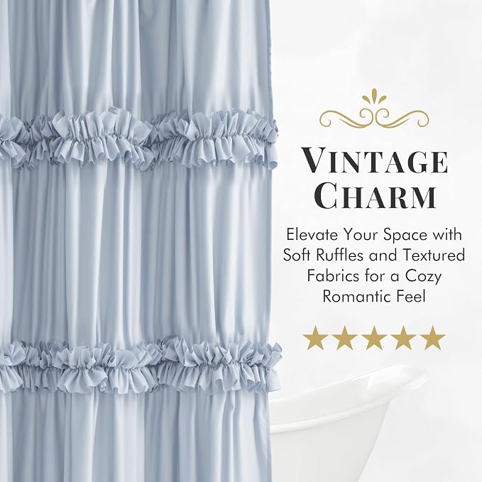 LIPA Boho Shower Curtain Rustic Ruffle Shower Curtain with Ruched & Bow Vintage Farmhouse Shower Curtains for Bathroom Bohemian Bathroom Decor(Fog Blue,72x78 Inches)