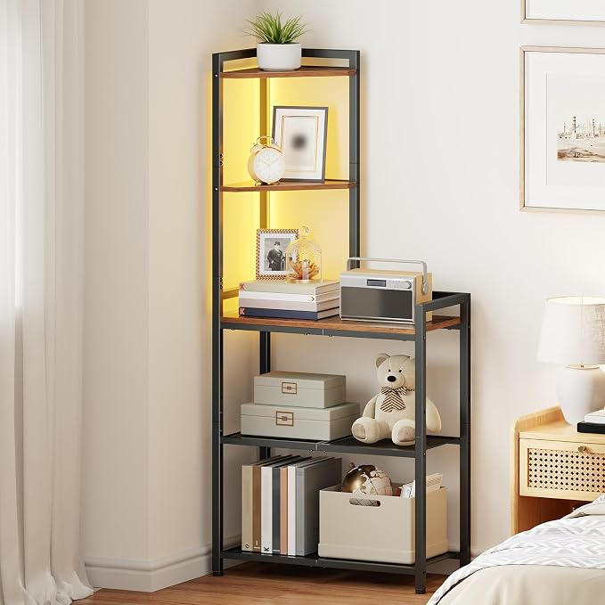 HOOBRO 5-Tier Corner Shelf Stand, Corner Shelf with LED Light, 56.3" Tall Corner Bookshelf, Display Rack Storage Organizer with Table, for Small Spaces, Living Room, Entryway, Rustic Brown BF69DCJ01