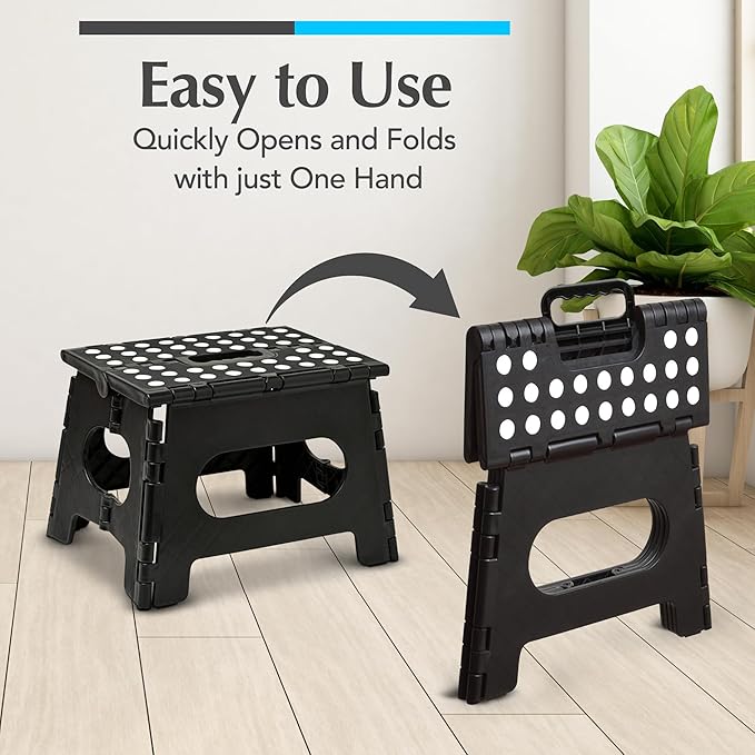 Handy Laundry Folding Step Stool 9 Inch 2-Pack, Black, Holds 300 lbs | 2-Pack, 9 Inch, Black, Foldable Collapsible Step Stool, Non-Slip, Holds 300 lbs, Kitchen Bathroom Bedroom, Adults