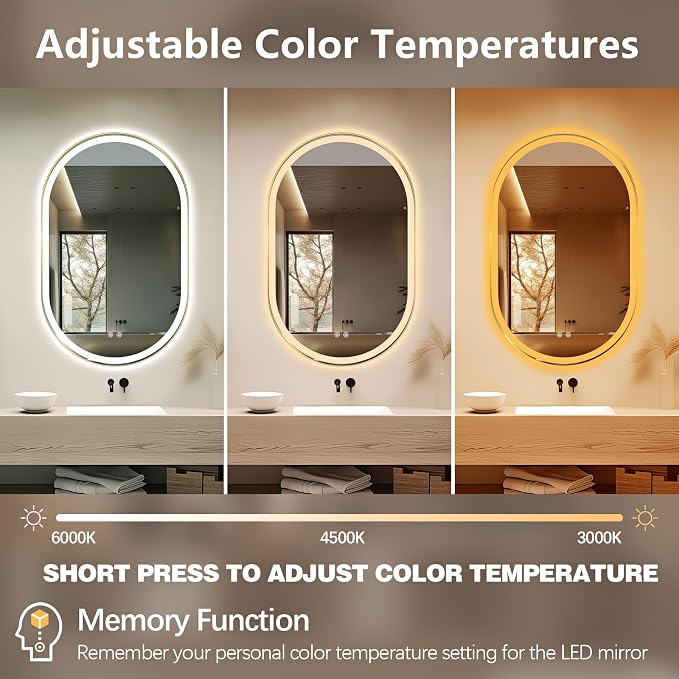 Oval LED Bathroom Mirror, Backlit + Front Lit Mirror Old Gold Frame | 3 Color Dimmable, Anti-Fog, 48"x30", Memory Function, Shatter-Proof, HD Glass, Pill-Shaped Mirror, Vertical or Horizontal