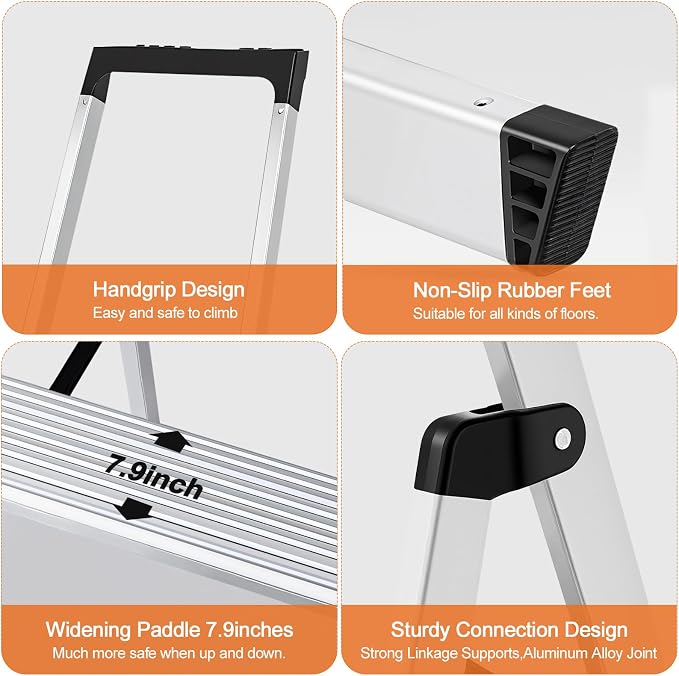 Sweetcrispy 5 Step Ladder, 330lbs Folding Step Stool with Anti-Slip Pedal | Safety Household Aluminum Stool Ladders with Tool Tray, for Home Kitchen Courtyard Outdoor