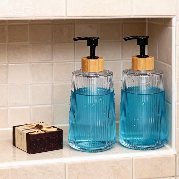 Glass Soap Dispenser, Thickened Glass Hand Soap Dispenser for Bathroom, Kitchen Dish Washing Liquid Bottles, Shampoo and Conditioner Bottles, Modern Farmhouse Style (Clear, Set of 2, 12oz)