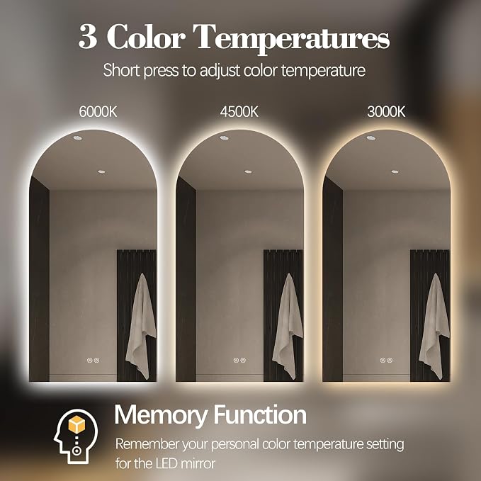 Arched LED Bathroom Mirror, 40"x24" Arch Framless Backlit Mirror with Lights Vanity Mirror for Makeup, Anti-Fog, Dimmable, 3-Color, Memory Function, IP65 Waterproof, UL Listed, Vertical