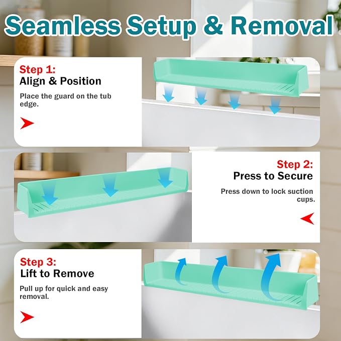 Bathtub Splash Guard for Tub Kids- Silicone Bath Play Shelf | 31" Extra Long Toy Tray & Caddy Holder, Prevent Water Spills & Messy Floors, Tub Edge Guard for Bathroom- Light Green