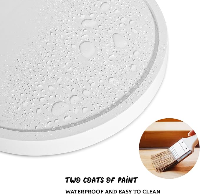 Round Decorative Tray Farmhouse Kitchen Decor Soap Dish, 12" White | Waterproof, Lightweight, Easy Clean, Wood Riser Pedestal Stand Accessories for Office Desk, Vanity, Counter, Sink