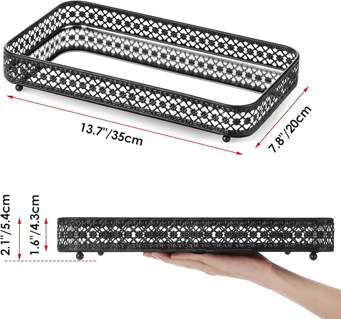 ELLDOO Black Mirror Glass Perfume & Makeup Vanity Tray, Large Size | Hollow-Carved Jewelry Storage, Metal Trinket Organizer for Dresser Bathroom Countertop Home Decor