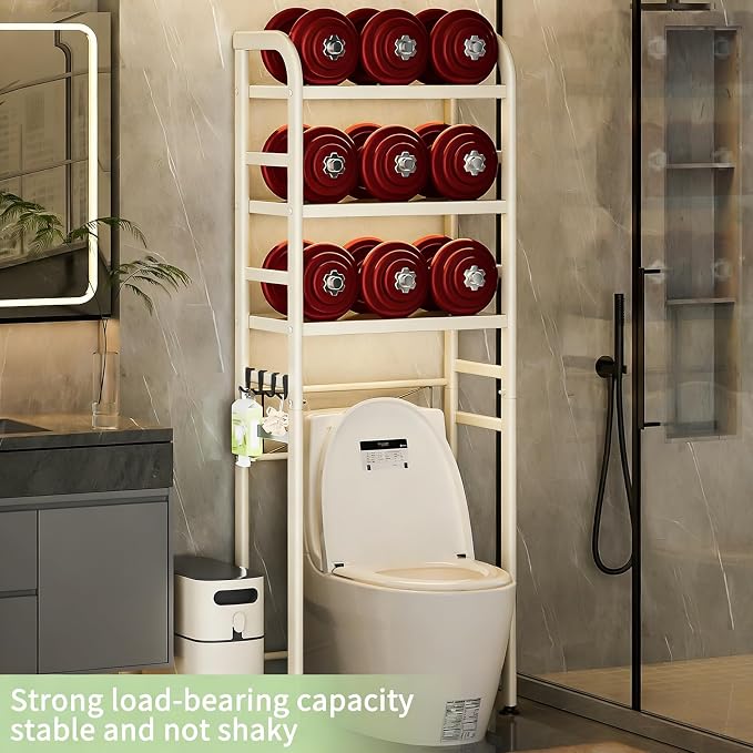 Over The Toilet Storage Rack, Space Saver for Small Bathroom, Cream | 3 Tier Freestanding Shelf Organizer, Heavy Duty Oval Tube, 4 Hooks, Metal, Sturdy Above Toilet Storage,Rustproof,Suction Cup