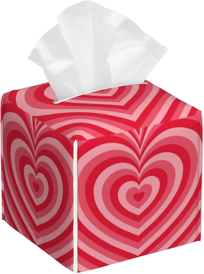 Red Heart Tissue Box Holder,Cube Tissue Box Cover Holder,Leather Facial Paper Organizer Dispenser Home for Bedroom Night Stands,Kitchen,Office and Car,5.2"×5.2"×5.2"