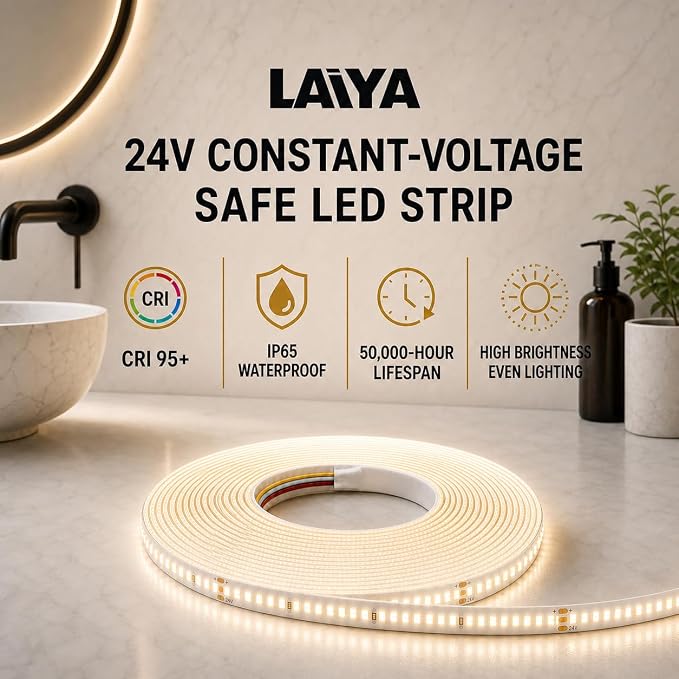 LAIYA 32 Inch Round LED Bathroom Mirror Frameless Backlit Anti-Fog Dimmable | Touch control, 24V IP65 strip, CRI 95+, 3000K-6000K colors, 10%-100%, memory, 5mm copper-free glass, 3-5 min defog, wall kit.