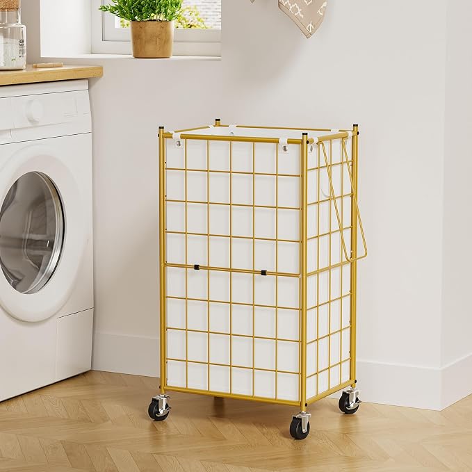 WOWLIVE Rolling Laundry Basket, Metal Wire Frame Laundry Hamper with Wheels | Gold Hamper with Removable Bag, 100L Dirty Clothes Hamper Organizer Dorm Room Storage for Bedroom, Bathroom, Golden