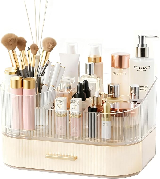 Makeup Organizer Countertop For Bathroom Vanity with Rotating Brush Holder | Make Up Organizers Storage For Vanity Counter Top With Stackable Drawer for Skincare, Cosmetic, Lipstick, Brushes & Perfume