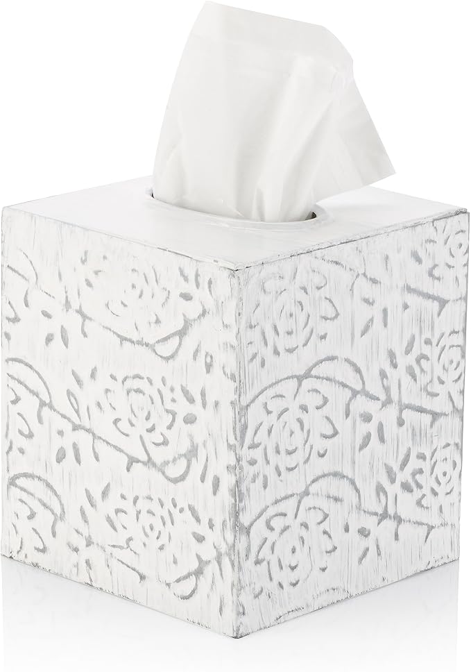 Country Chic Modern Farmhouse Tissue Box Holder, Decorative Metal Tissue Cover, Rustic Square White Style