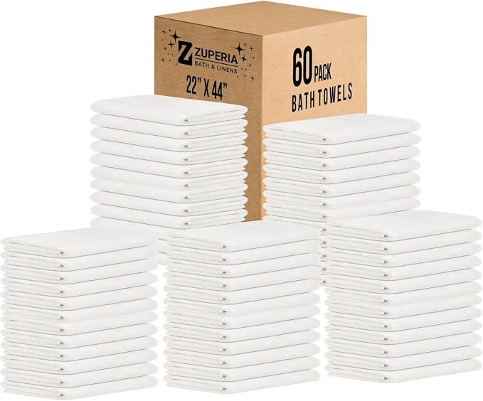 ZUPERIA White Bath Towels Bulk 60 Pack (22 x 44 Inches) - 100% Cotton Economy Light Weight Towels for Commercial Use - Quick Dry, Ultra-Soft, and Absorbent Bulk Towels