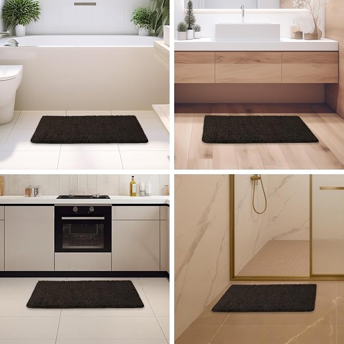 Chocolate Brown Bathroom Rugs – Absorbent and Washable Bath Mat, Non-Slip, Thick Soft Chenille Bath Rugs for Bathroom Floor, Shower, Sink - 20" x 32"