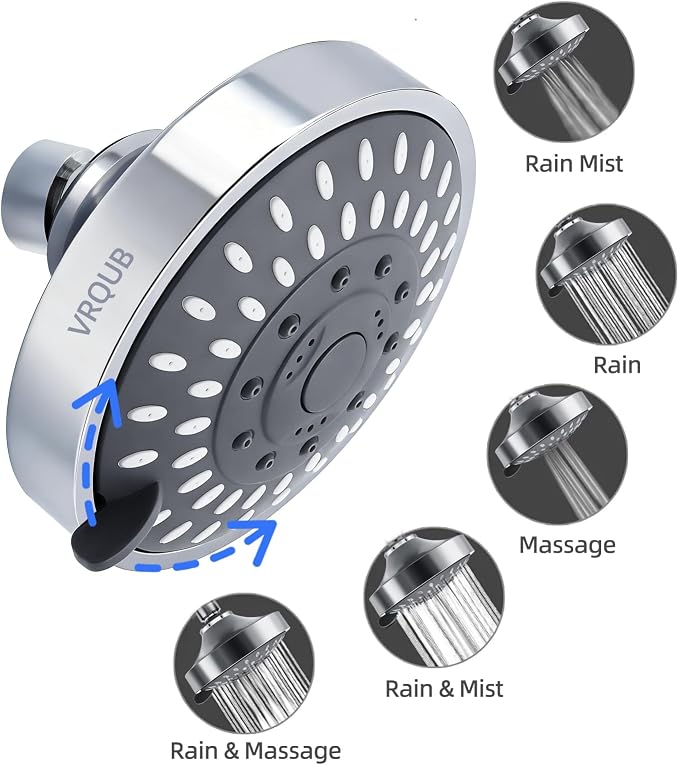 High Pressure Fixed Showerheads,5-Mode High Flow Fixed Showerheads,4inch Rain Shower Heads with adjustable Metal Swivel Ball Jiont