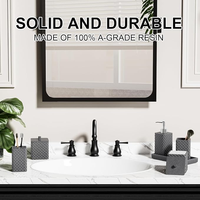 Bathroom Accessories Set Resin 6PCS, Square Toothbrush Holders Set Complete with Soap Dispenser, Vanity Tray, Tumbler, Cups and Cotton Swab Jars (Gray Diamond, Resin Bath 6 PCS)