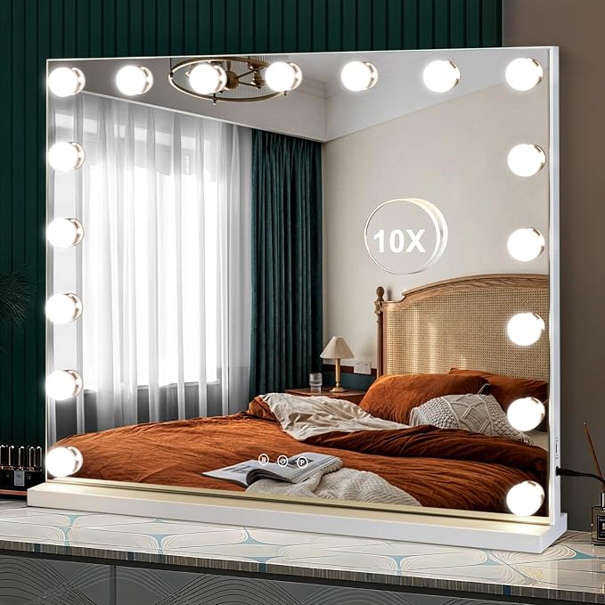 Large Vanity Mirror, Lighted Makeup Mirror with 17 Bulbs Lights | 3 Color Light Modes, USB-A & USB-C Ports, Touch Control, Tabletop & Wall Mounted, Dorm Room Essentials, Gifts for Women