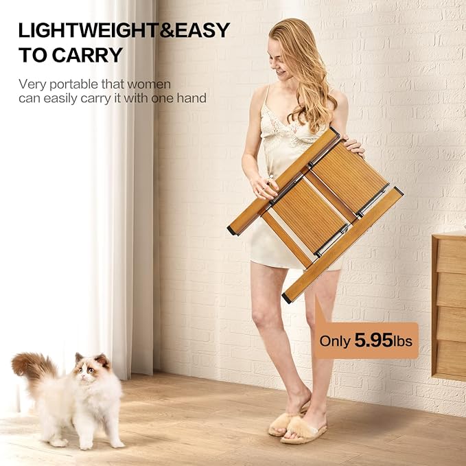 2 Step Ladder, Aluminum Folding Step Stool with Anti-Slip Sturdy and Wide Pedal, Lightweight Portable Multi-Use Stepladder for Home and Kitchen Use Space Saving, Woodgrain, 330 lbs