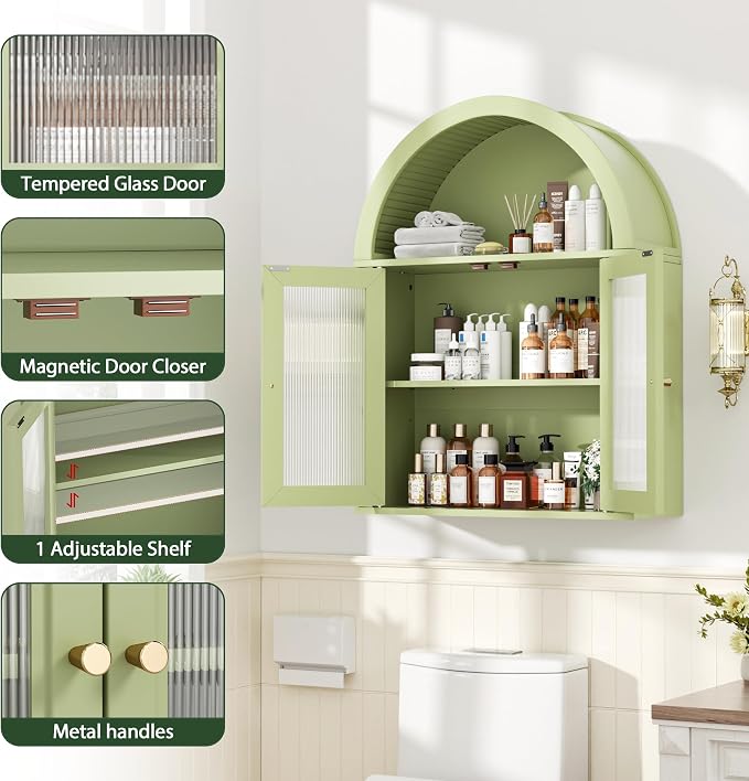 Medicine Cabinet with Arched Top, Bathroom Wall Cabinet Over Toilet with Wave Pattern Tempered Glass Doors and Removable Shelf, Arch Hanging Cabinets for Kitchen, Living Room, Laundry Room, Green