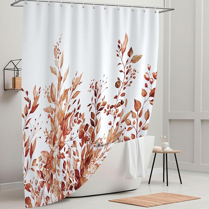Tititex Orange Eucalyptus Shower Curtain, Watercolor Leaves Plant with Floral Bathroom Decoration Shower Curtain Sets 71x71 Inch with Hooks