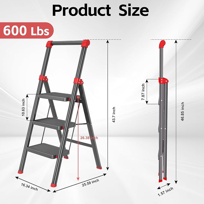 Foldable Step Ladder Stool for Home,3 Step Stool with Wide Anti-Slip Pedal, Heavy Duty 600Lbs Ladder for Indoor Kitchen Closet Stair Use, Black Red