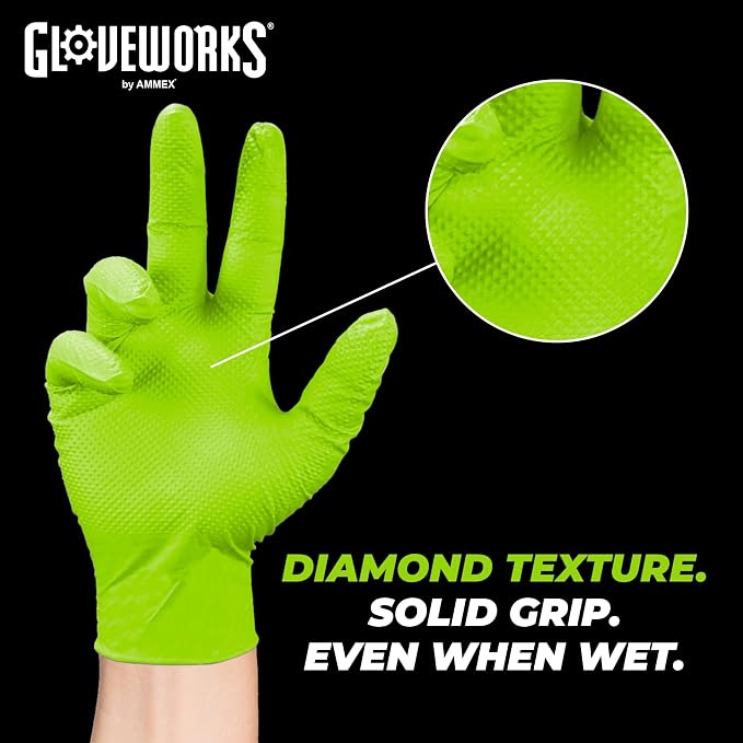 GLOVEWORKS Green Nitrile Gloves 8 Mil Heavy Duty Texture Chemical Resistant | Mechanic and Cleaning Gloves, Suitable for Heavy Duty Industrial Use, Chemical Resistant, HIgh-Visibility Color, Bulk Options