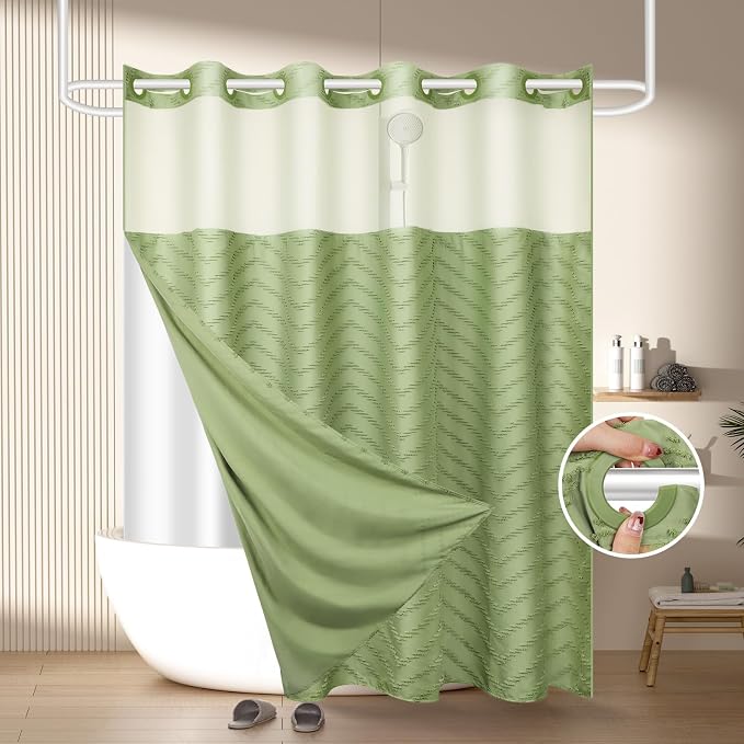 FADOTY Green No Hook Shower Curtain Set with Snap in Liner, 71'' x 86'' | Bathroom Hotel Fabric Curtain, Waterproof Washable Liner, See Through Top Window, Ringless Chevron Tufted Cloth Curtain