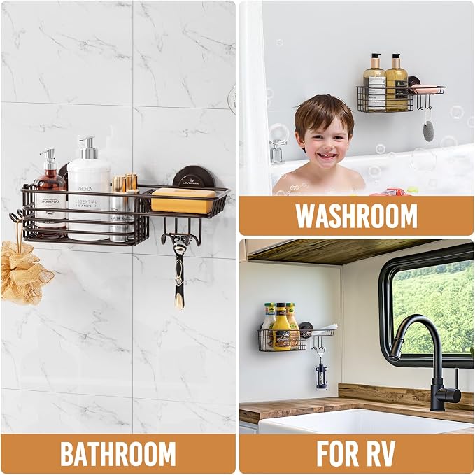 Shower Caddy Suction Cup, Heavy Duty Bathroom Organizer for Shower | Brown Shower Caddies, NO-Drilling Bathroom Holder, Shower Shelves with Hooks, Soap Holder