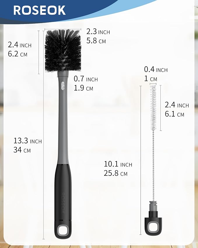 ROSEOK 2 in 1 Bottle Brush with Straw Cleaner Brush, Water Bottle Brush | For Cleaning Glass, Sports Bottle, Coffee Mug, Cup Cleaner, Black, 1 Pack
