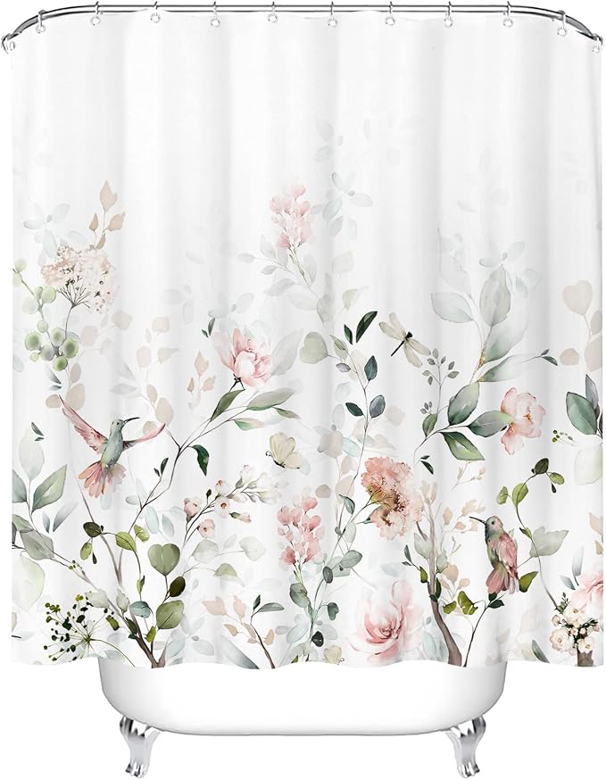 Tititex Aesthetic Blooming White Floral Shower Curtain Sets, Watercolor Pink Flowers Birds Butterflies Tropical Bathroom Decorative 71 X 78 Inch Polyester Waterproof Fabric Bath Curtain with Hooks