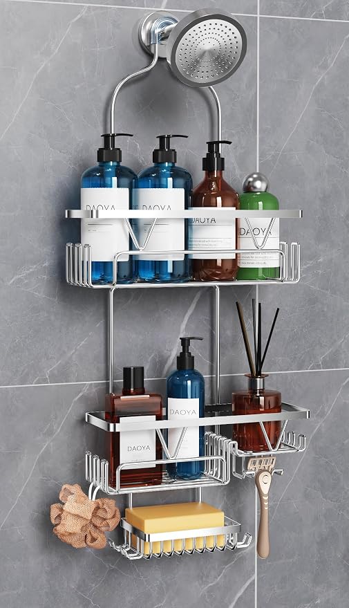 DAOYA Shower Caddy Hanging - Over the Shower Head Caddy with 2 Baskets, Soap Holder & Razor Holder, Non-Slip Rubber Pads, U-Shaped Hooks and Adhesive Pads for Bathroom Organization - Silver